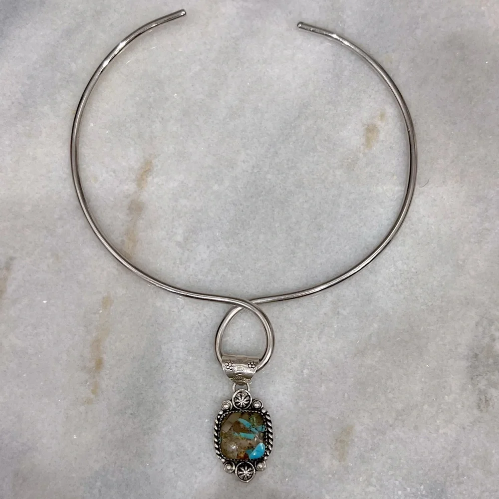 Sterling Silver Turquoise Large Pendant with Loop Choker - Picture 4 of 16